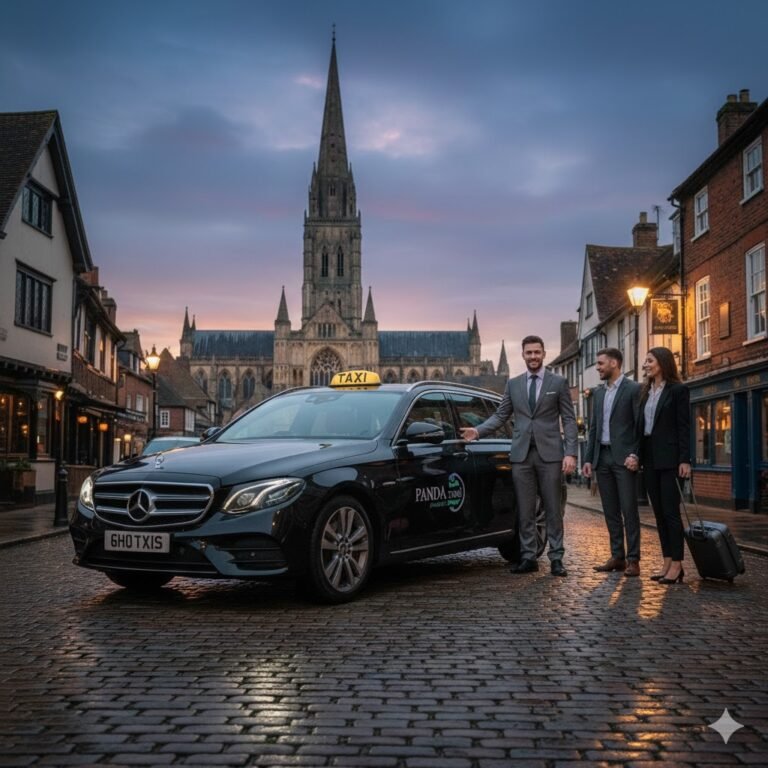 Panda Taxis service in front of Salisbury Cathedral